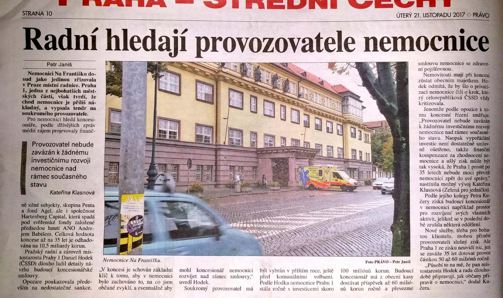 Koncese na Nemocnici Na Františku je pro Prahu 1 nevýhodná, hrozí, že o nemocnici přijdeme, varuje Zelená pro jedničku